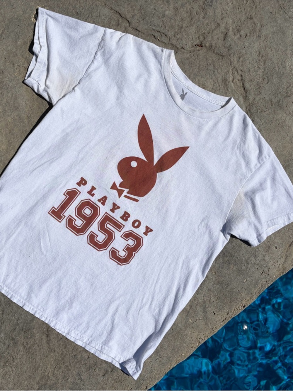 Vintage Playboy White Tee with Rust Logo - 1953 Graphic